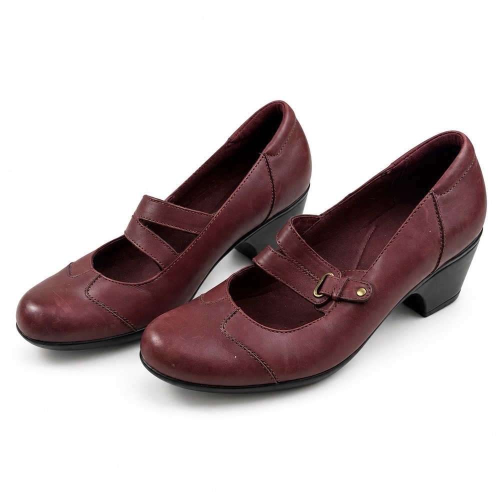 Clark's Vintage Burgundy Leather Mary Jane Double Strap Heels Women's Size 9.5M